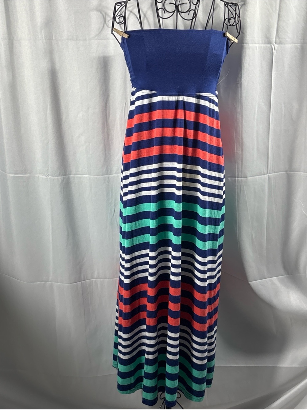 Joe Boxer Strapless Navy, White, Red & Green Striped Maxi Dress